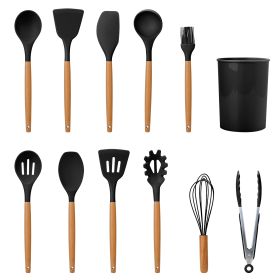11Pcs Silicone Cooking Utensil Set Heat Resist Wooden Handle Silicone Spatula Turner Ladle Spaghetti Server Tongs Spoon Egg Whish Kitchenware Set w/ H (Option: UtensilSet Black)
