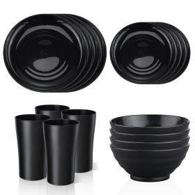 Black Dinnerware Set for 4, 16 Pack Plastic BPA-Free Dinner Plates, Salad Plates, Cereal Bowls, Cups, Unbreakable Plates and Bowls Sets (Pack: 1 Pack)