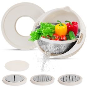 Multifunctional Mixing Bowl with Lid Set 3 Replaceable Graters Food Strainer and Colander Fruit Vegetable Washing Basket Stainless Steel (Option: Colander Beige)